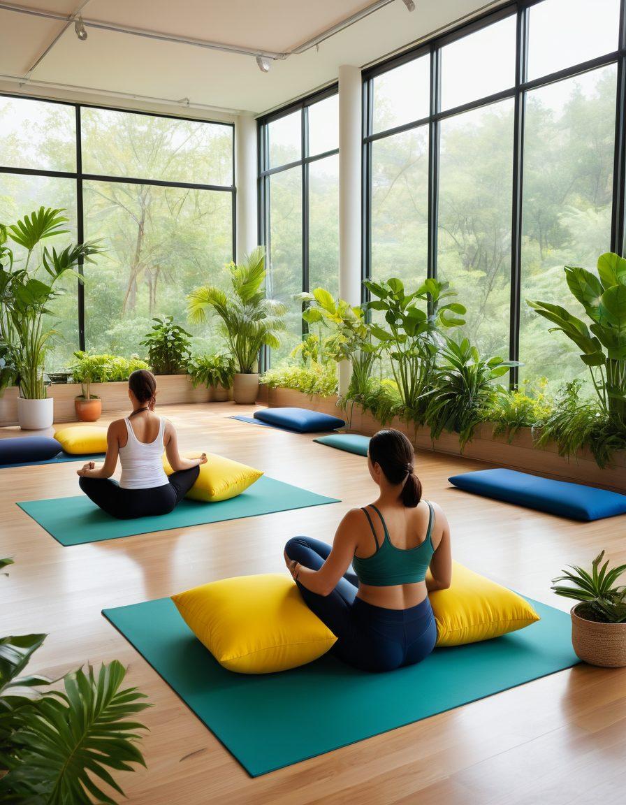 A serene scene depicting a modern, stylish workspace surrounded by nature, with elements of wellness such as plants, yoga mats, and meditation cushions. Showcase a diverse group of people engaging in activities like mindfulness, exercise, and creativity. Incorporate bright, uplifting colors to symbolize energy and positivity, blending technology with nature. super-realistic. vibrant colors. peaceful atmosphere.