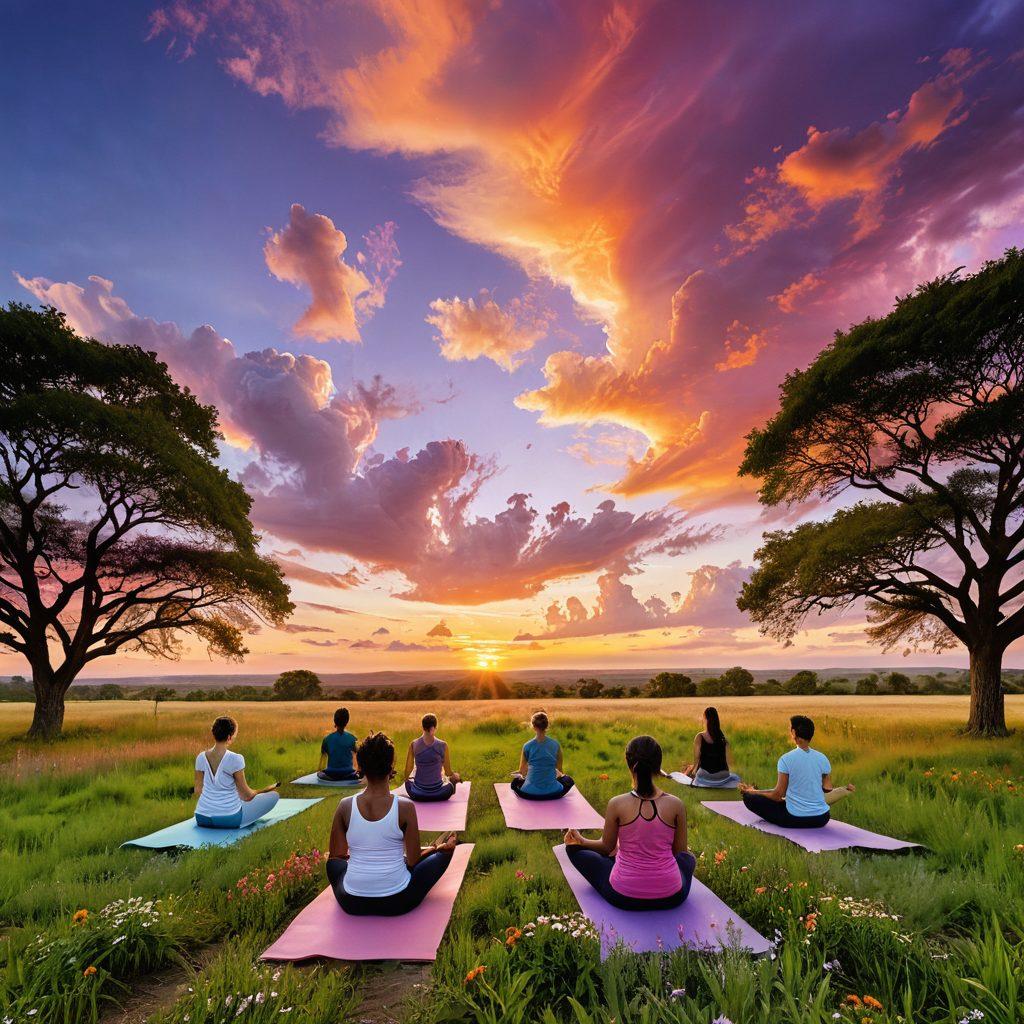 A serene scene displaying an open road leading to a picturesque infinite horizon at sunset, flanked by vibrant green trees and blooming flowers. In the foreground, a diverse group of people practicing yoga and mindfulness, showcasing a sense of community and wellness, surrounded by symbols of lifestyle trends like wellness journals and healthy food. The sky is awash with warm colors and soft clouds, evoking a feeling of tranquility and inspiration. super-realistic. vibrant colors. painting.